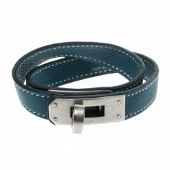 Hermes Kelly Double Tour Blue Leather Palladium Plated Wrap Bracelet For Women