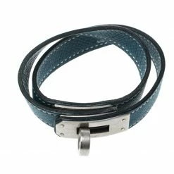 Hermes Kelly Double Tour Blue Leather Palladium Plated Wrap Bracelet For Women -Deals Hermes Store luxury women hermes used accessories p157032 0005