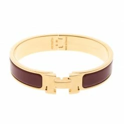 Hermes Clic Clac H Red Enamel Gold Plated Narrow Bracelet PM For Women