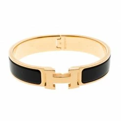 Hermes Clic Clac H Black Enameled Gold Tone Bracelet PM For Women