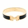 Hermes Clic Clac H Navy Blue Enamel Gold Plated Narrow Bracelet PM For Women