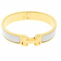 Hermes Clic Clac H White Enamel Gold Tone Narrow Bracelet PM For Women