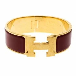 Hermes Clic Clac H Red Enamel Gold Plated Wide Bracelet GM For Women