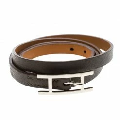 Hermes Hapi 3 Grey Leather Palladium Plated Wrap Bracelet S For Women