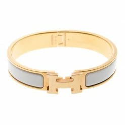 Hermes Clic Clac H White Enamel Rose Gold Plated Narrow Bracelet PM For Women