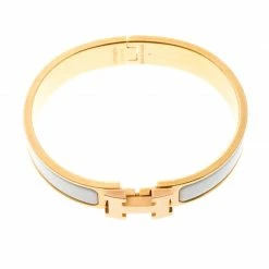 Hermes Clic Clac H White Enamel Rose Gold Plated Narrow Bracelet PM For Women -Deals Hermes Store luxury women hermes used accessories p168409 006