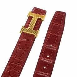 Hermes Brown Porosus Crocodile Gold Grooved Finished H Buckle Belt 85cm For Women -Deals Hermes Store luxury women hermes used accessories p169300 003