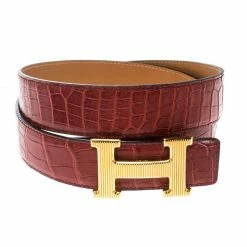 Hermes Brown Porosus Crocodile Gold Grooved Finished H Buckle Belt 85cm For Women -Deals Hermes Store luxury women hermes used accessories p169300 004