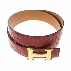 Hermes Brown Porosus Crocodile Gold Grooved Finished H Buckle Belt 85cm For Women -Deals Hermes Store luxury women hermes used accessories p169300 005