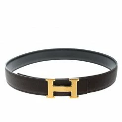 Hermes Dark Brown/Black Leather Gold Brushed Finished H Buckle Belt 85cm For Women