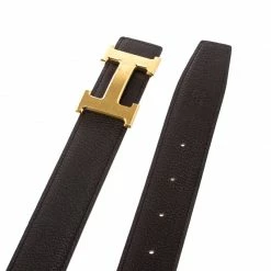 Hermes Dark Brown/Black Leather Gold Brushed Finished H Buckle Belt 85cm For Women -Deals Hermes Store luxury women hermes used accessories p169307 003