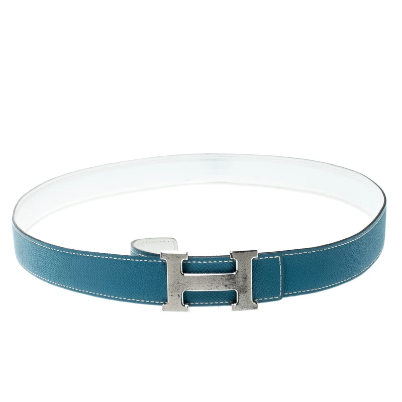 Hermes Sky Blue/White Leather Reversible Silver Brushed Finished H Buckle Belt 95cm For Women 3 Hermes Sky Blue/White Leather Reversible Silver Brushed Finished H Buckle Belt 95cm For Women