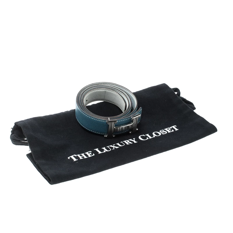 Hermes Sky Blue/White Leather Reversible Silver Brushed Finished H Buckle Belt 95cm For Women 8 Hermes Sky Blue/White Leather Reversible Silver Brushed Finished H Buckle Belt 95cm For Women - Image 6