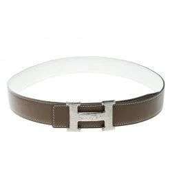 Hermes Hermès Taupe/White Leather Reversible Silver Hammered Finished H Buckle Belt 80cm For Women