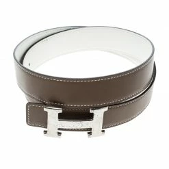 Hermes Hermès Taupe/White Leather Reversible Silver Hammered Finished H Buckle Belt 80cm For Women -Deals Hermes Store luxury women hermes used accessories p169310 005