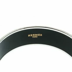 Hermes Hermès Black Perfume Bottle Print Enamel Palladium Plated Wide Bangle Bracelet For Women -Deals Hermes Store luxury women hermes used accessories p169955 005