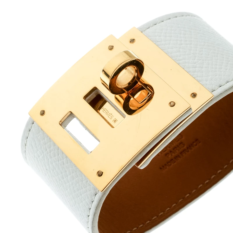 Hermes Kelly Dog White Leather Gold Plated Wide Bracelet For Women 5 Hermes Kelly Dog White Leather Gold Plated Wide Bracelet For Women - Image 3