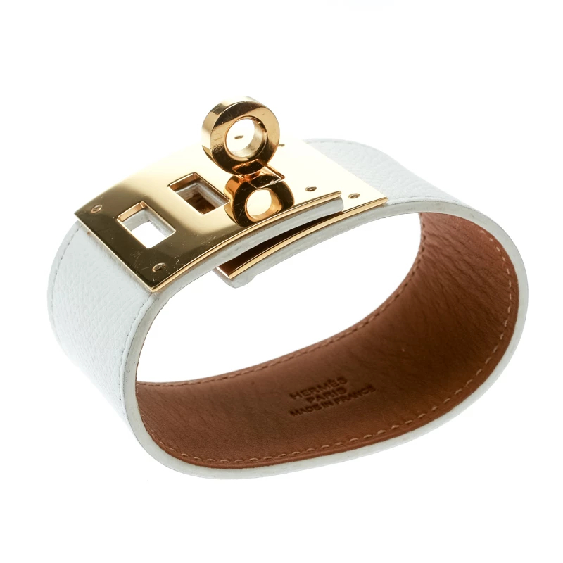 Hermes Kelly Dog White Leather Gold Plated Wide Bracelet For Women 4 Hermes Kelly Dog White Leather Gold Plated Wide Bracelet For Women - Image 2