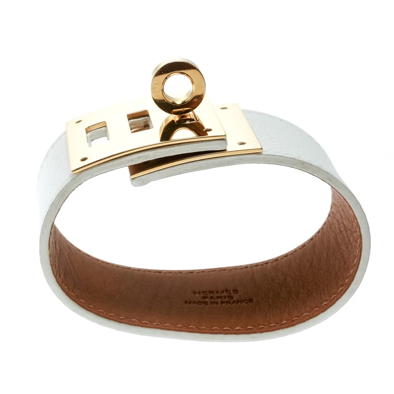 Hermes Kelly Dog White Leather Gold Plated Wide Bracelet For Women 6 Hermes Kelly Dog White Leather Gold Plated Wide Bracelet For Women - Image 4