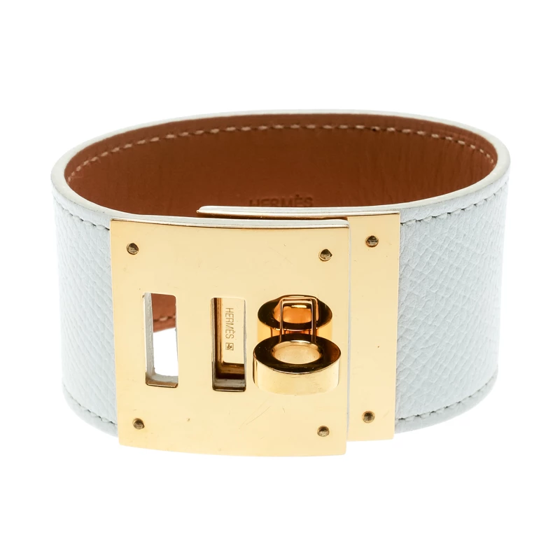 Hermes Kelly Dog White Leather Gold Plated Wide Bracelet For Women 3 Hermes Kelly Dog White Leather Gold Plated Wide Bracelet For Women