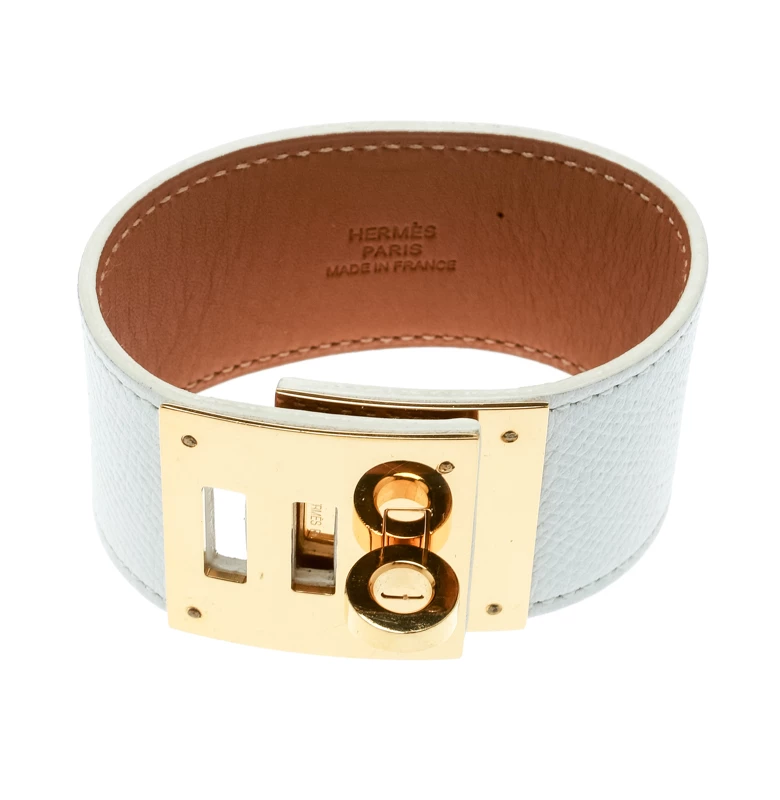 Hermes Kelly Dog White Leather Gold Plated Wide Bracelet For Women 7 Hermes Kelly Dog White Leather Gold Plated Wide Bracelet For Women - Image 5