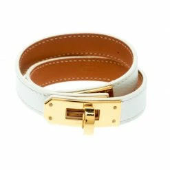 Hermes Kelly Double Tour White Leather Gold Plated Wrap Bracelet For Women