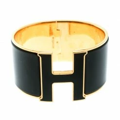 Hermes Clic Clac H Black Enamel Gold Plated Extra Wide Bracelet GM For Women