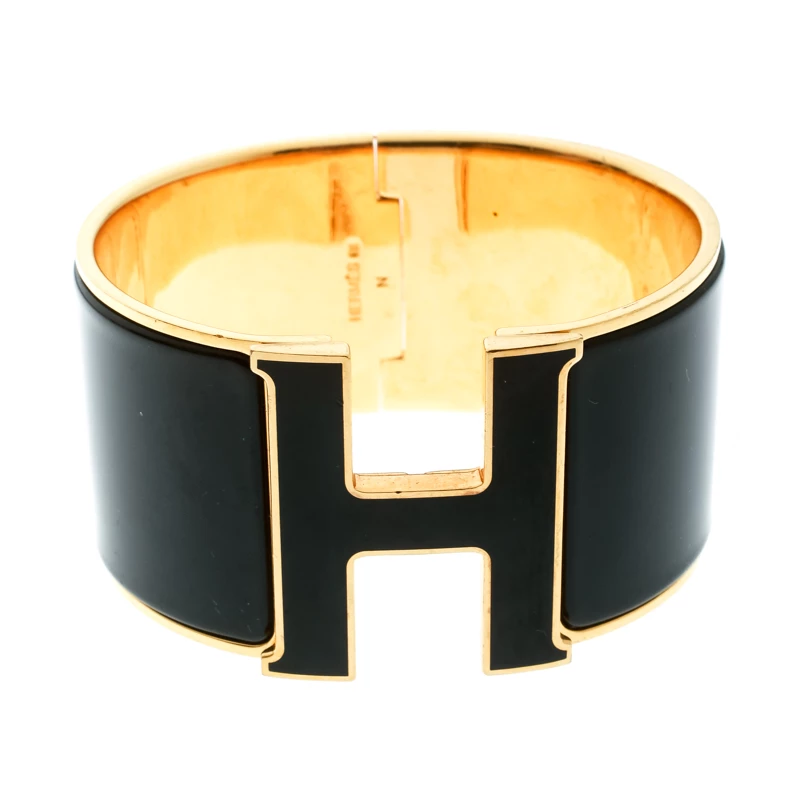 Hermes Clic Clac H Black Enamel Gold Plated Extra Wide Bracelet GM For Women 3 Hermes Clic Clac H Black Enamel Gold Plated Extra Wide Bracelet GM For Women
