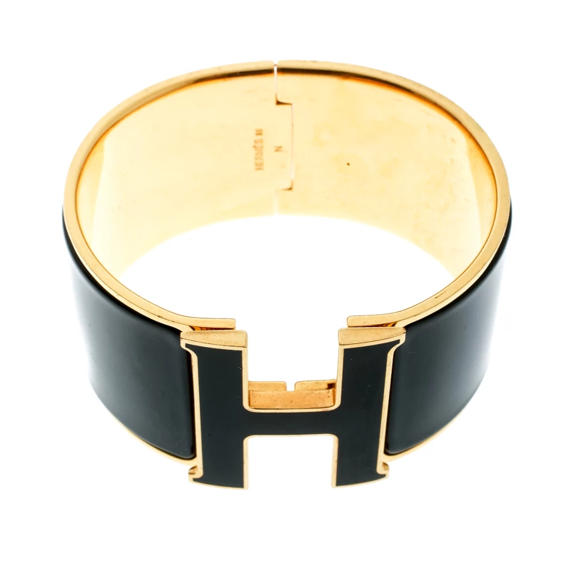 Hermes Clic Clac H Black Enamel Gold Plated Extra Wide Bracelet GM For Women 7 Hermes Clic Clac H Black Enamel Gold Plated Extra Wide Bracelet GM For Women - Image 5