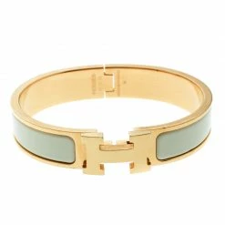 Hermes Clic Clac H Cream Enamel Gold Plated Narrow Bracelet PM For Women