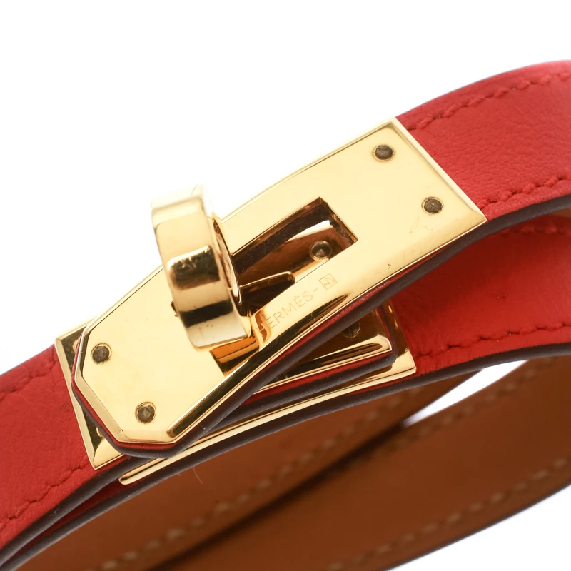 Hermes Kelly Double Tour Orange Leather Gold Plated Wrap Bracelet M For Women 5 Hermes Kelly Double Tour Orange Leather Gold Plated Wrap Bracelet M For Women - Image 3