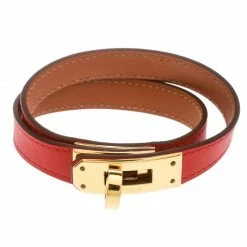 Hermes Kelly Double Tour Orange Leather Gold Plated Wrap Bracelet M For Women