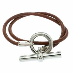 Hermes Glenan Brown Leather Double Wrap Toggle Bracelet For Women