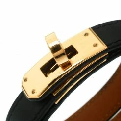 Hermes Kelly Double Tour Black Leather Gold Plated Wrap Bracelet M For Women -Deals Hermes Store luxury women hermes used accessories p178725 002