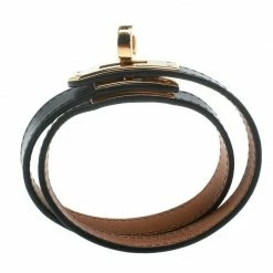 Hermes Kelly Double Tour Black Leather Gold Plated Wrap Bracelet M For Women -Deals Hermes Store luxury women hermes used accessories p178725 004