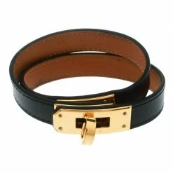 Hermes Kelly Double Tour Black Leather Gold Plated Wrap Bracelet M For Women