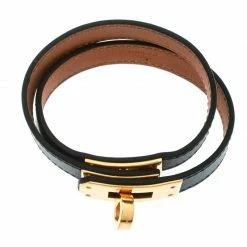 Hermes Kelly Double Tour Black Leather Gold Plated Wrap Bracelet M For Women -Deals Hermes Store luxury women hermes used accessories p178725 006