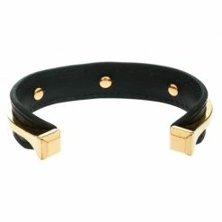 Hermes Black Leather Gold Plated Open Cuff Bracelet For Women