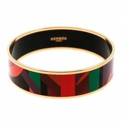 Hermes Perspective Cavaliere Multicolor Enamel Gold Plated Wide Bangle Bracelet For Women