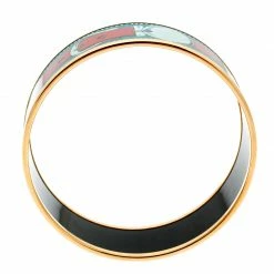 Hermes Blue Belt Motif Enamel Gold Plated Wide Bangle Bracelet For Women -Deals Hermes Store luxury women hermes used accessories p180156 003