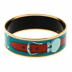 Hermes Blue Belt Motif Enamel Gold Plated Wide Bangle Bracelet For Women