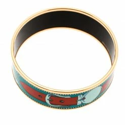 Hermes Blue Belt Motif Enamel Gold Plated Wide Bangle Bracelet For Women -Deals Hermes Store luxury women hermes used accessories p180156 005