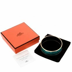 Hermes Blue Belt Motif Enamel Gold Plated Wide Bangle Bracelet For Women -Deals Hermes Store luxury women hermes used accessories p180156 007