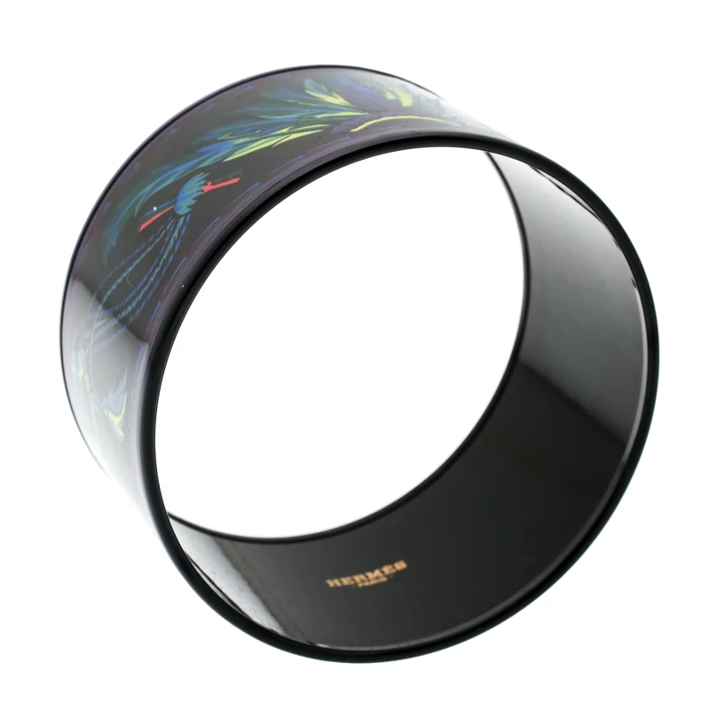 Hermes Multicolor Feather Printed Enamel Extra Wide Bangle Bracelet For Women 4 Hermes Multicolor Feather Printed Enamel Extra Wide Bangle Bracelet For Women - Image 2
