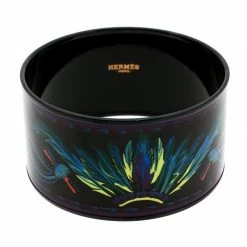 Hermes Multicolor Feather Printed Enamel Extra Wide Bangle Bracelet For Women