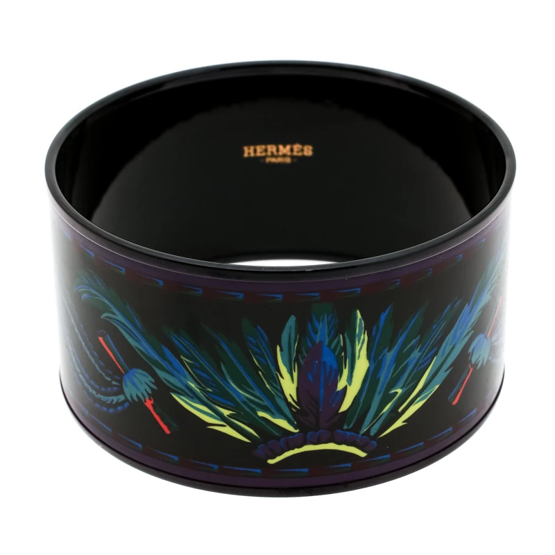 Hermes Multicolor Feather Printed Enamel Extra Wide Bangle Bracelet For Women 3 Hermes Multicolor Feather Printed Enamel Extra Wide Bangle Bracelet For Women