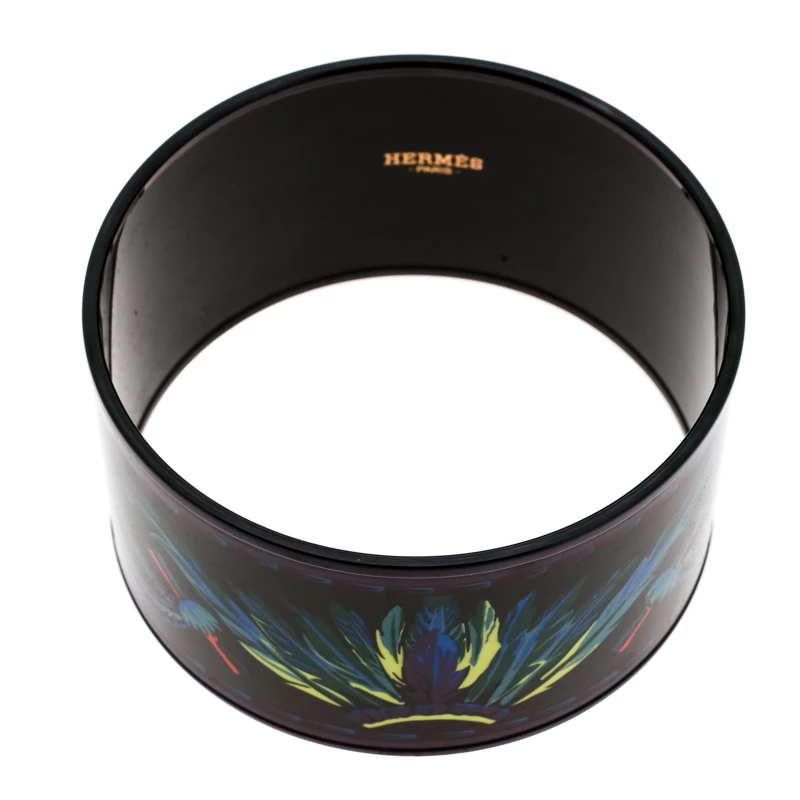 Hermes Multicolor Feather Printed Enamel Extra Wide Bangle Bracelet For Women 7 Hermes Multicolor Feather Printed Enamel Extra Wide Bangle Bracelet For Women - Image 5