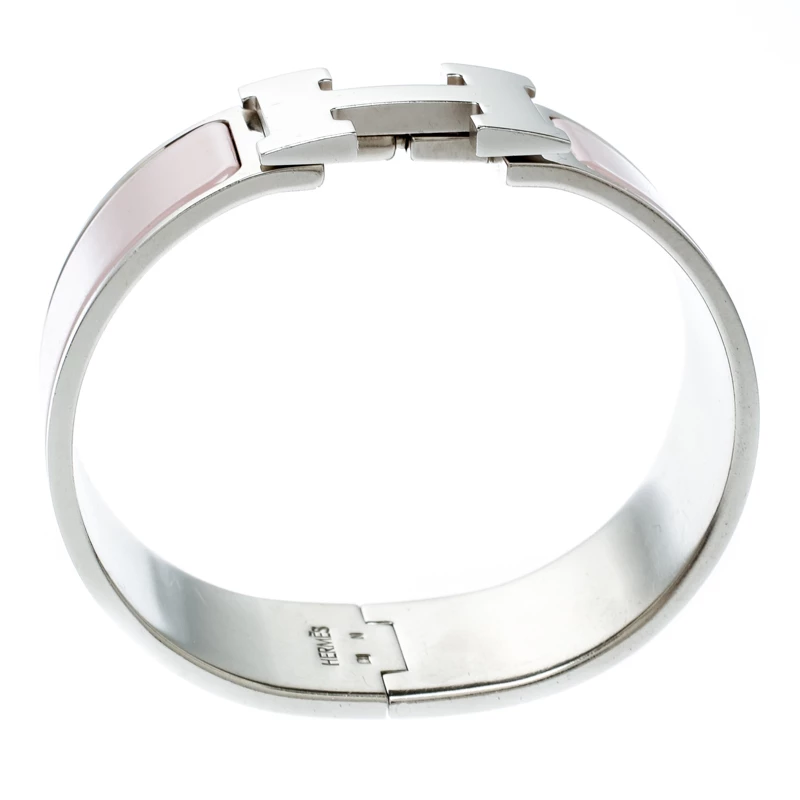Hermes Clic Clac H Blush Pink Enamel Palladium Plated Wide Bracelet PM For Women 6 Hermes Clic Clac H Blush Pink Enamel Palladium Plated Wide Bracelet PM For Women - Image 4