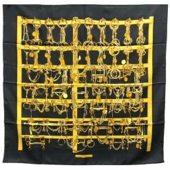 Hermes Black/Yellow Mors Et Filets Printed Silk Square Scarf For Women -Deals Hermes Store luxury women hermes used accessories p181006 002