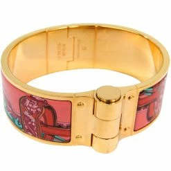 Hermes Charniere Printed Enamel Gold Plated Wide Uni Bracelet For Women